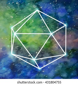 Abstract geometric background with octahedron .Space with many stars. Watercolor background. Hipster background. Vector illustration.