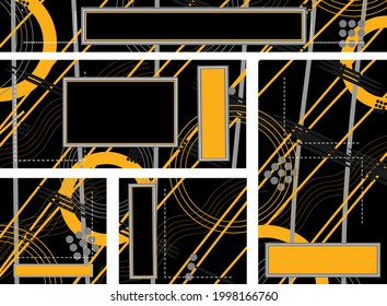 Abstract geometric background on different shapes of banners for social networks. Yellow, gray circles, squares, lines on a black background texture for wallpaper, sites, presentations.
