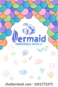 Abstract geometric background on a marine theme with  set of sketches of the inhabitants of the underwater world. different types of shells, corals, starfish, fish jellyfish in different poses. 