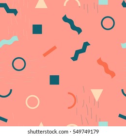 Abstract geometric background on pink background. Seamless pattern. Vector, eps10. Curved lines, circles, triangles, rectangles, squares. Memphis style. Hipster modern and trendy fabric print.
