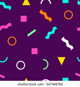 Abstract geometric background on purple background. Seamless pattern. Vector, eps10. Curved lines, circles, triangles, rectangles, squares. Memphis style. Hipster modern and trendy fabric print.