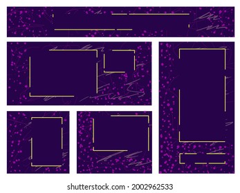 Resumen de fondo geométrico en varias formas de banners para redes sociales. Violeta, trazos grises, cuadrados, líneas sobre un fondo de textura de tinta para fondo de pared, sitios web, presentaciones.