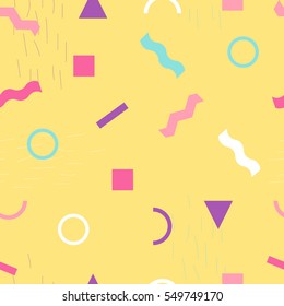 Abstract geometric background on yellow background. Seamless pattern. Vector, eps10. Curved lines, circles, triangles, rectangles, squares. Memphis style. Hipster modern and trendy fabric print.