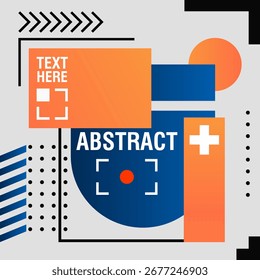 Abstrakter geometrischer Hintergrund mit orangefarbenem Kreis, blauen Formen, Punkten und modernem Minimaldesign