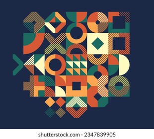 Abstract geometric background over dark, modular tiling ceramic colored ethnic motif graphic design composition, native American Aztec ornament art.