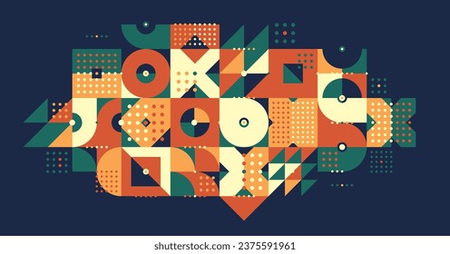 Abstract geometric background over dark, modular tiling ceramic colored ethnic motif graphic design composition, native American Aztec ornament art.