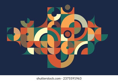 Abstract geometric background over dark, modular tiling ceramic colored ethnic motif graphic design composition, native American Aztec ornament art.