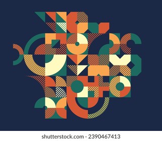 Abstract geometric background over dark, modular tiling ceramic colored ethnic motif graphic design composition, native American Aztec ornament art.