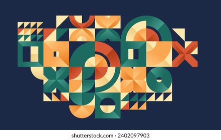 Abstract geometric background over dark, vector tiles wallpaper in colors of native ceramic, interior style trendy tiling for bathroom or kitchen, artistic pattern.