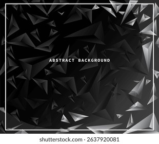 Abstract Geometric Background with Overlapping 3D Grayscale Triangles of Varying Size and Shade, Creating Depth and Visual Texture on Black Background with Thin White Border for Modern Design