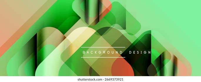 Abstract geometric background. Overlapping layers create dynamic visual effect. Green, orange hues dominate composition. Modern design element.