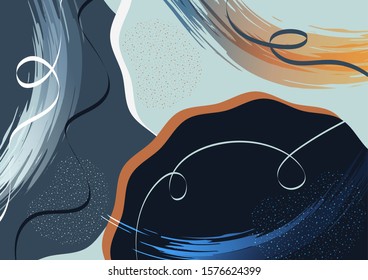 Abstract geometric background from overlapping round uneven shapes, brush strokes, twisted lines. Modern template for your design banner, flyer, cover. Vector illustration.