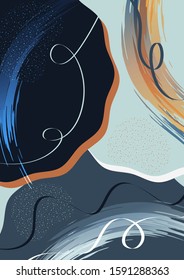 Abstract geometric background from overlapping round uneven shapes, brush strokes, twisted lines. Modern template for your design banner, flyer, cover. Vector illustration.