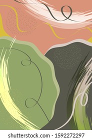 Abstract geometric background from overlapping round uneven shapes, brush strokes, twisted lines. Modern template for your design banner, flyer, cover. Vector illustration.