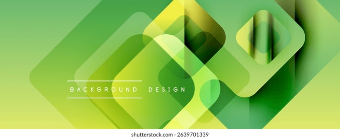 Abstract geometric background. Overlapping squares create layered effect. Green, yellow hues dominate composition. Modern design element.