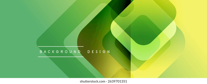 Abstract geometric background. Overlapping squares create dynamic gradient effect. Green, yellow hues dominate composition. Modern design element.