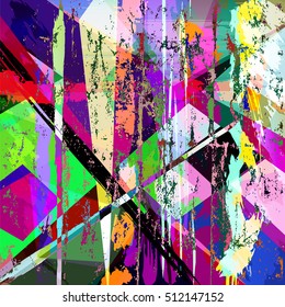 abstract geometric background, with paint strokes, splashes, triangles and squares