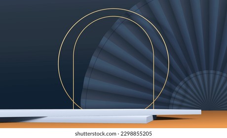 Abstract geometric background. Paper fan and composition of golden wire. Studio for cosmetic product display.