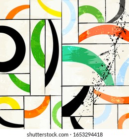 abstract geometric background pattern, with circles, squares, strokes and splashes, grungy