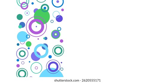 Abstract geometric background. Abstract pattern with circles of different sizes in soft green, purple and blue colors. Ideal for postcards, web design and product packaging. Copy space