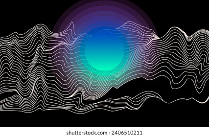 Abstract geometric background with pattern of glitched and distorted waveforms and neon gradient circle. 