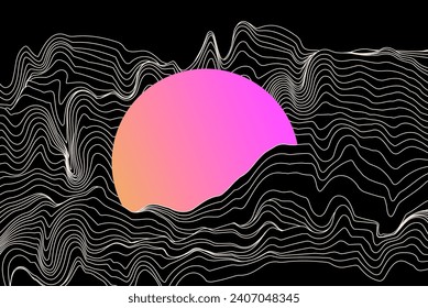 Abstract geometric background with pattern of glitched and distorted waveforms and neon gradient circle. 