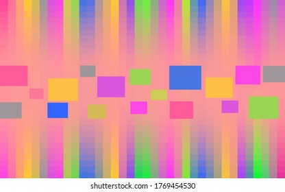 Abstract geometric background from a pattern of rectangles in delicate blue, pink, yellow, green, lilac halftones. Vector graphics on a pink background.