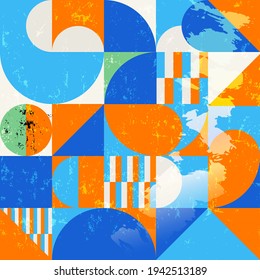 abstract geometric background pattern, retro style, with circles, squares, stripes, paint strokes and splashes