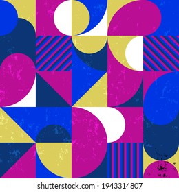 abstract geometric background pattern, retro style, with circles, squares, stripes, paint strokes and splashes
