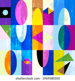 abstract geometric background pattern, retro style, with circles, squares, oval, paint strokes and splashes, seamless