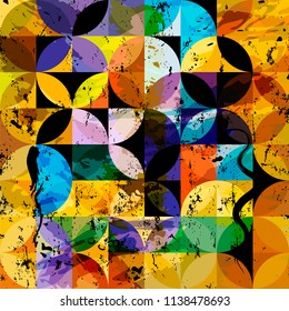 abstract geometric background pattern, retro/vintage style, with circles, strokes and splashes