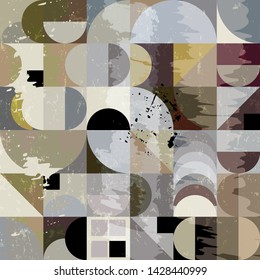 abstract geometric background pattern, retro/vintage style, with circles, squares, strokes and splashes