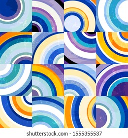 abstract geometric background pattern, retro/vintage style, with circles, squares, strokes and splashes