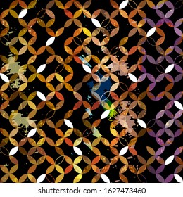abstract geometric background pattern, retro/vintage style, with circles, strokes and splashes, on black