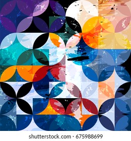 abstract geometric background pattern, retro/vintage style, with circles, strokes and splashes