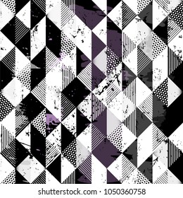 abstract geometric background pattern, with squares, dots, paint strokes and splashes, black and white