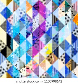 abstract geometric background pattern, with squares, dots, paint strokes and splashes