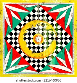 abstract geometric background pattern, with squares, leaves, circles, paint strokes and splashes, mosaic tile