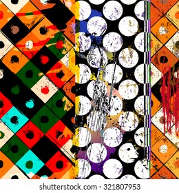 abstract geometric background pattern, with squares, circles, strokes and splashes