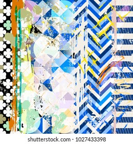 abstract geometric background pattern, with stripes, circles, paint strokes and splashes