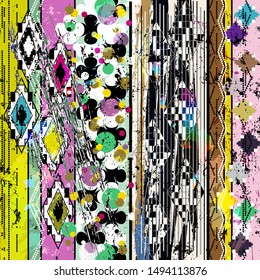 abstract geometric background pattern, with stripes, circles/dots, rhombus, paint strokes and splashes