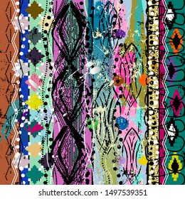 abstract geometric background pattern, with stripes, circles/dots, rhombus, paint strokes and splashes