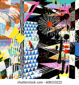 abstract geometric background pattern, with stripes, flowers, paint strokes and splashes