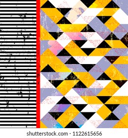 abstract geometric background pattern, with triangles, dots, paint strokes and splashes, black and white