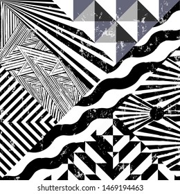 abstract geometric background pattern, with triangles, lines, paint strokes and splashes, black and white