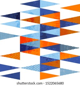 abstract geometric background pattern, with triangles, circles, stripes, strokes and splashes, retro/vintage style, seamless 