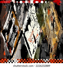 abstract geometric background pattern, with triangles, rhombus, squares, paint strokes and splashes, grungy