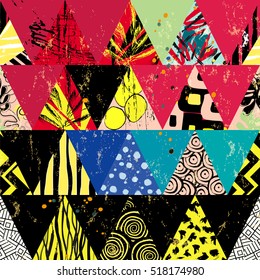 abstract geometric background pattern, with triangles, paint strokes and splashes, seamless