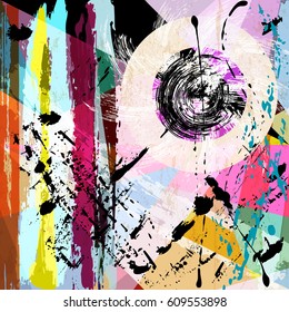 abstract geometric background pattern, with triangles, circle, paint strokes and splashes