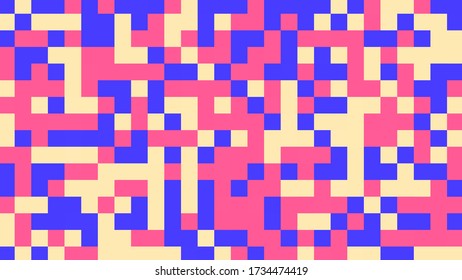 Reseña geométrica abstracta con polígonos rosa, azul, amarillo y rojo.